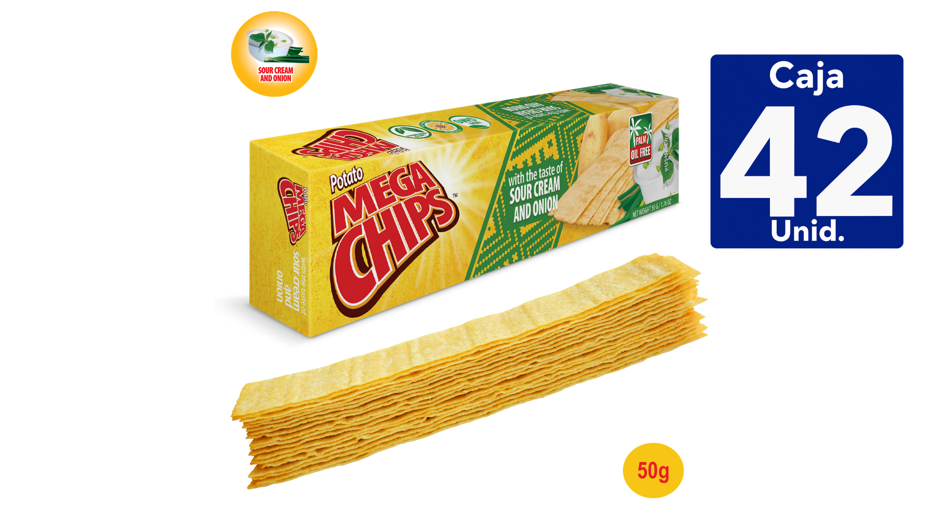 PAPAS LAMINADAS MEGA CHIPS CREMA SOUR CEBOLLA 50GR